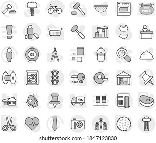 Editable thin line isolated vector icon set - bike, house with garage, traffic light, passenger, hotel, coil vector, scissors, steake, cookies, microb, camping cauldron, colander, meat hammer, dish