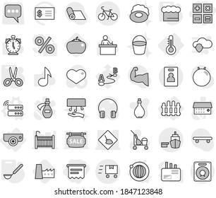 Editable thin line isolated vector icon set - atm receipt, calculator, under construction, port, fast deliver, bike, identity card, thermometer, surveillance camera, fence, server vector, orbit, oil