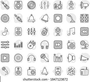 Editable thin line isolated vector icon set - equalizer, megafon, loudspeaker, disco ball, speaker, bell, setup vector, cd, music, disk, hit, microphone, radio, headphones, play button, forward, rec