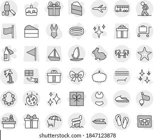 Editable thin line isolated vector icon set - gift, bow, hi quality package, plane, bus, tourist, passenger, lounger, palm, hawaiian wreath, disco ball, aquapark, starfish, baggage trolley, golf