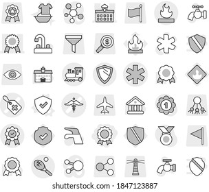 Editable thin line isolated vector icon set - medal, ambulance star vector, medical label, sign, university, flammable, train, tennis, shield, water tap, handle washing, protected, lighthouse, share