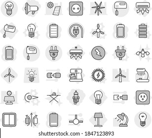 Editable thin line isolated vector icon set - megafon, spark plug, bulb, air conditioning, electricity, power socket, switch, mixer, coffee maker, floor lamp, photon vector, magnetic field, windmill