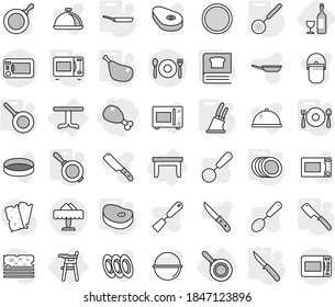 Editable thin line isolated vector icon set - chicken leg, cafe, restaurant, table, Chair for babies, pan, skimmer, knife holder, chef, microwave oven, cooking book, plates, fork spoon plate, steake