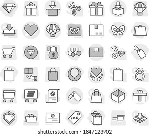 Editable thin line isolated vector icon set - bow, shopping bag, box, label, sale, delivery, diamond, necklace, heart vector, health care, package, hi quality, parachute, pendant, certificate, cart