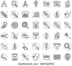 Editable thin line isolated vector icon set - pencil, market scales, magnifier, funnel, medical thermometer vector, pipette, stethoscope, doctors hammer, brick wall, measuring tape, construction