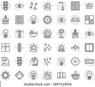 Editable thin line isolated vector icon set - window, outdoor light, traffic, alarm, taxi, sun, disco ball, bulb, power switch, floor lamp, vector, ladle, siren, shining, hard reach place cleaning