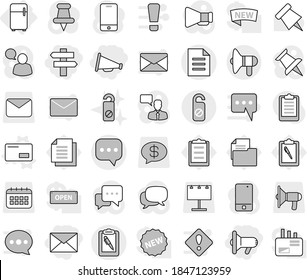 Editable thin line isolated vector icon set - megafon, loudspeaker, singlepost, mail, sms, clipboard pen, document, do not distrub, fridge, envelope vector, paper pin, billboard, calendar, dialog