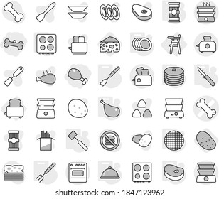 Editable thin line isolated vector icon set - chicken leg, bone, vector, Chair for babies, toaster, spatula, big fork, knife, meat hammer, hob, plates, sieve, meal cap, pasta, steake, pancakes, oven