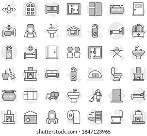 Editable thin line isolated vector icon set - hospital bed vector, hangare, door, arch window, hotel, do not distrub, sink, dresser, crib, fireplace, toilet, paper, water closet, cleaner woman, tap