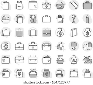 Editable thin line isolated vector icon set - wallet, add to basket, shopping bag, doctor vector, case, dropper, suitcase, baggage checking, get, trolley, fertilizer, washing powder, trash, pasta