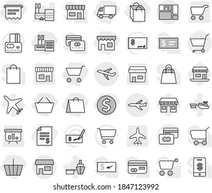 Editable thin line isolated vector icon set - cart, basket, dollar coin, account balance, shop, store, shopping bag, delivery, atm receipt, mall, plane, consolidated cargo, vector, credit card, port