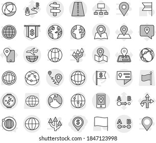 Editable thin line isolated vector icon set - dollar pin, road, location details, globe, route a to b, mobile, map, plane shipping, earth, signpost, compass, orbit vector, hierarchy, world, flag