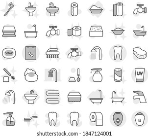 Editable thin line isolated vector icon set - tooth vector, roentgen, uv cream, water tap, sink, bath, washing, towel, soap, sponge, toilet brush, liquid, paper, shower, foam basin, cleanser powder