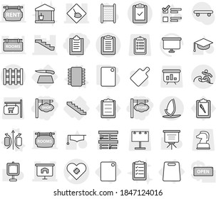 Editable thin line isolated vector icon set - clipboard, store signboard, shop, pacemaker vector, under construction, presentation, stairs, check, pallet, surfer, windsurfing, cutting board, chip