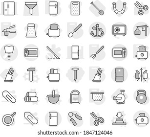 Editable thin line isolated vector icon set - nail, tooth implant vector, loading, anchor, toaster, stands for knives, magnetic field, press, ladle, pipes, hammer, colander, garlic clasp, big spoon