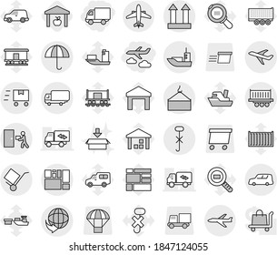 Editable thin line isolated vector icon set - delivery, journey, plane, sea shipping, truck, car, loading crane, consolidated cargo, trolley, dry, top sign, do not hook, courier, fast deliver, ship