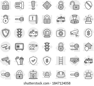 Editable thin line isolated vector icon set - unlock, doctor case vector, ambulance car, helicopter, stairs, building helmet, important flag, traffic light, alarm, security man, detector, shield