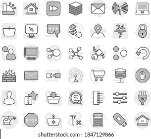 Editable thin line isolated vector icon set - mail, ambulance helicopter vector, wireless, lock, no signal, notebook pc, cart, calculator, dollar cursor, map pin, satellite, basket, man, 24 7, arrow