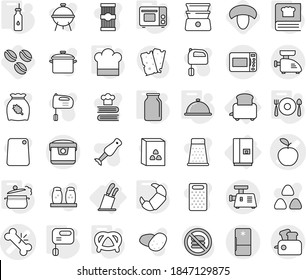 Editable thin line isolated vector icon set - broken bone vector, apple, fridge, toaster, stands for knives, steam pan, vegetable oil, cook hat, mixer, grill oven, cooking book, fork spoon plate