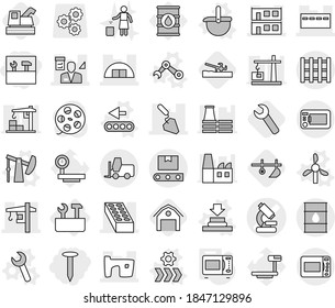 Editable thin line isolated vector icon set - tools, nail, microscope vector, bunker, slum, hangare, modular house, brick, construction, tower crane, architector, barrel, fork loader, pallet, repair