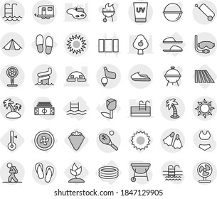 Editable thin line isolated vector icon set - dome house, trailer, tourist, suitcase, tent, sun, uv cream, palm, island, pool, aquapark, flippers, diving mask, tennis, golf, jet ski, flip flops, bbq