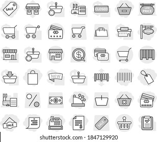 Editable thin line isolated vector icon set - account balance, remove from basket, delete cart, credit card, shopping list, bag, label, sale, bar code, cashbox, store signboard, mall, shop, barcode