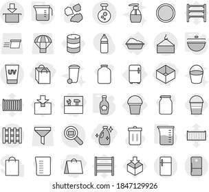 Editable thin line isolated vector icon set - shopping bag, box, tools, cleanser, loading crane, package, chemical, cargo search, pallet, uv cream, washing, fridge, bucket, cauldron, measuring cup
