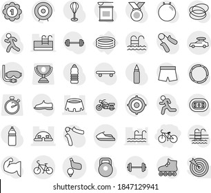 Editable thin line isolated vector icon set - bike, dome house, stadium, car baggage, motorcycle, diving mask, golf, jet ski, inflatable pool, target vector, barbell, weight, hand trainer, fitball