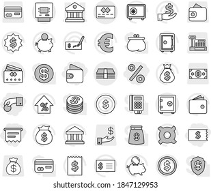 Editable thin line isolated vector icon set - hand coin, receipt, wallet, percent, atm, library, money, credit card, safe, bank vector, dollar, growth, bag, piggy, investment, check, medal, cashbox