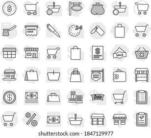 Editable thin line isolated vector icon set - cart, purse, delete, store, market, shopping bag, sale, percent, atm receipt, signboard, label, turk, pen vector, dollar coin, office, basket, shop