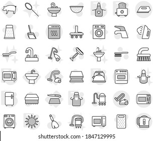 Editable thin line isolated vector icon set - sink, washing machine, cutting board, vacuum cleaner, kettle, apron, toaster, microwave oven, gas, fridge, pig, scraper vector, broom, water tap, scoop