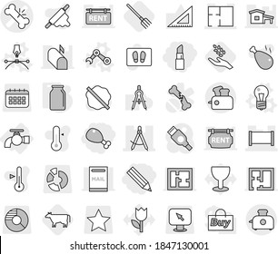 Editable thin line isolated vector icon set - pencil, lipstick, chicken leg, broken bone vector, draw compass, fence, plan, water tap, bulb, drawing pen, robot hand, bank, cow, fork, harvest, glass