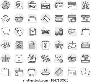 Editable thin line isolated vector icon set - basket, receipt, remove from, delete cart, credit card, shop, shopping bag, label, percent, sale, cashbox, real estate, hanger, house hold vector, medal