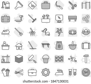 Editable thin line isolated vector icon set - under construction, brick wall, repair, suitcase, bucket, tools, ladle vector, hammer, fork, rake, sickle, pruner, scraper, vacuum cleaner, iron, gloves