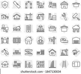 Editable Thin Line Isolated Vector Icon Set - Store, Home, Mansion, Skyscraper, Mall, Minaret, House With Garage, Modular, Block Wall, Repair, Level, Tower Crane, Architector, Arch, Loading, Workman