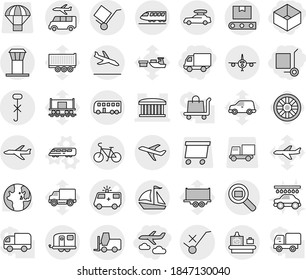 Editable thin line isolated vector icon set - box, delivery, cargo stoller, journey, ambulance car vector, airport building, plane, trolley, do not sign, hook, fork loader, search, transporter tape