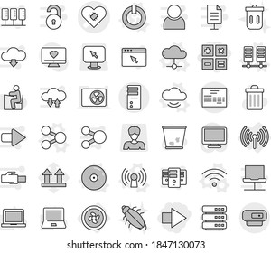 Editable thin line isolated vector icon set - right arrow, calculator, pacemaker vector, invoice, cooler fan, wireless, share, on off button, antenna, server, cloud, service, cd, trash bin, bug