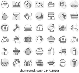 Editable thin line isolated vector icon set - sea shipping, diving mask, surfer, jellyfish, drop, radiator, kettle, pool, plate washing, rain cloud, jug, water pump, soap vector, scraper, bucket