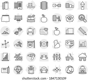 Editable thin line isolated vector icon set - pencil, flower, tower, houses, location details, courier delivery, sorting, parachute, cafe, surfer, baggage trolley, landscape, curtain, pool, pets