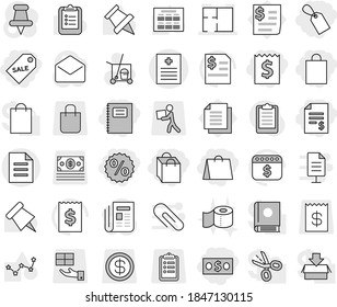Editable thin line isolated vector icon set - money, receipt, account balance, shopping bag, label, sale, percent, copybook, recipe vector, plan, document, cleaner trolley, toilet paper, schedule