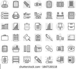 Editable thin line isolated vector icon set - list, copybook, pencil, building, skyscrapers, skyscraper, district, architector, pin, phone, clipboard, document, hotel, reception, rack, window, case