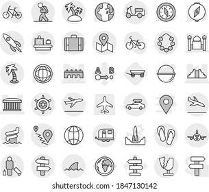 Editable thin line isolated vector icon set - bridge, airport building, minaret, pyramid, route, plane, scooter shipping, map, rocket, broken, car baggage, trailer, tourist, passenger, suitcase, pin