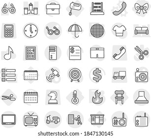 Editable thin line isolated vector icon set - bow, pacemaker vector, castle, scooter shipping, courier delivery, thermometer, wardrobe, chair, mixer, phone, fire, sieve, scissors, glasses, abacus