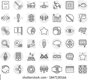 Editable thin line isolated vector icon set - spark plug, eye vector, brain, surgical clamp, bridge, house with garage, satellite, mobile location, palm hammock, atom core, connect, cpu, mixer, fish