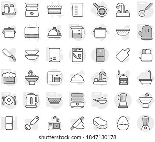 Editable thin line isolated vector icon set - water tap, sink, bath, pan, kettle, colander, measuring cup, kitchen scales, chief hat, cook glove, skimmer, double boiler, salt pepper, sponge vector
