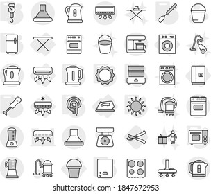 Editable thin line isolated vector icon set - air conditioning, iron, board, washing machine, fridge, bucket, kettle, kitchen scales, handle, spatula, grill oven, gas, elecric, induction, blender