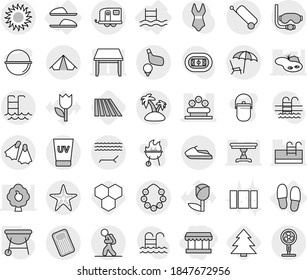 Editable thin line isolated vector icon set - market, flower bed, trailer, tourist, suitcase, tent, lounger, sun, uv cream, island, hawaiian wreath, pool, starfish, flippers, diving mask, golf, bbq