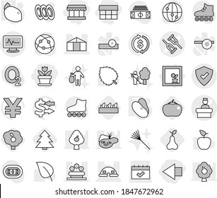 Editable thin line isolated vector icon set - market, left arrow, flower, crutch vector, monitor pulse, hospital recieption, dome house, greenhouse, bed, protected, in window, beans, lemon, seedling