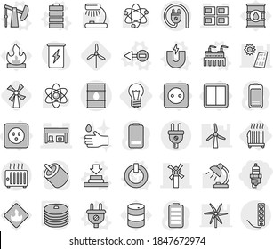 Editable thin line isolated vector icon set - spark plug, panel house, windmill, gas station, barrel, bulb, power socket, switch, radiator, electron vector, magnet, on off button, factory, press
