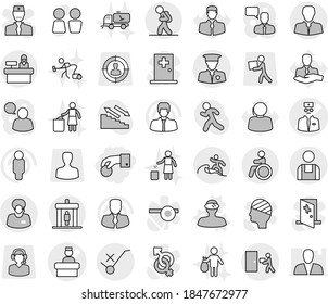 Editable thin line isolated vector icon set - hand coin, doctor vector, hospital recieption, client, support manager, do not trolley sign, courier delivery, security man, workman, tourist, detector